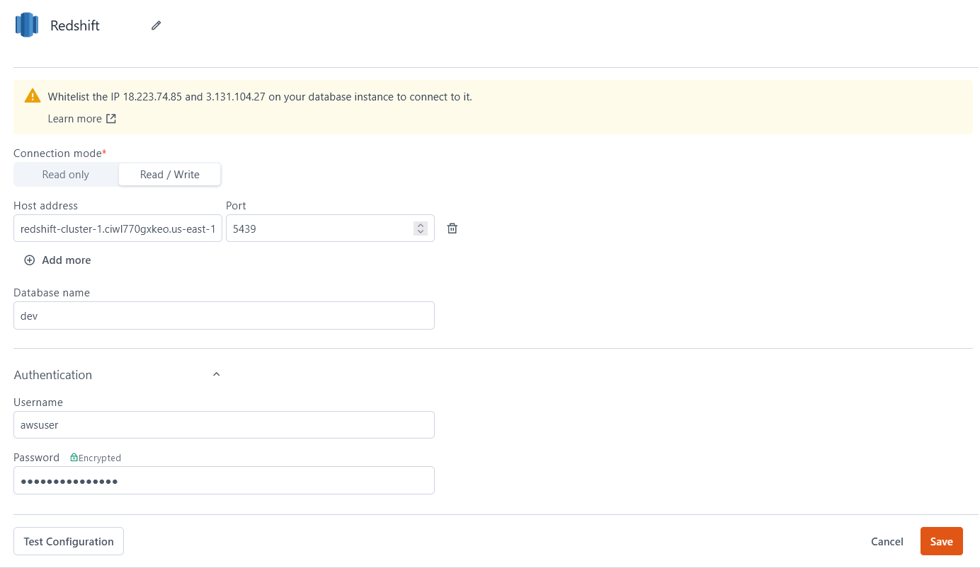 Configuring a Redshift datasource.